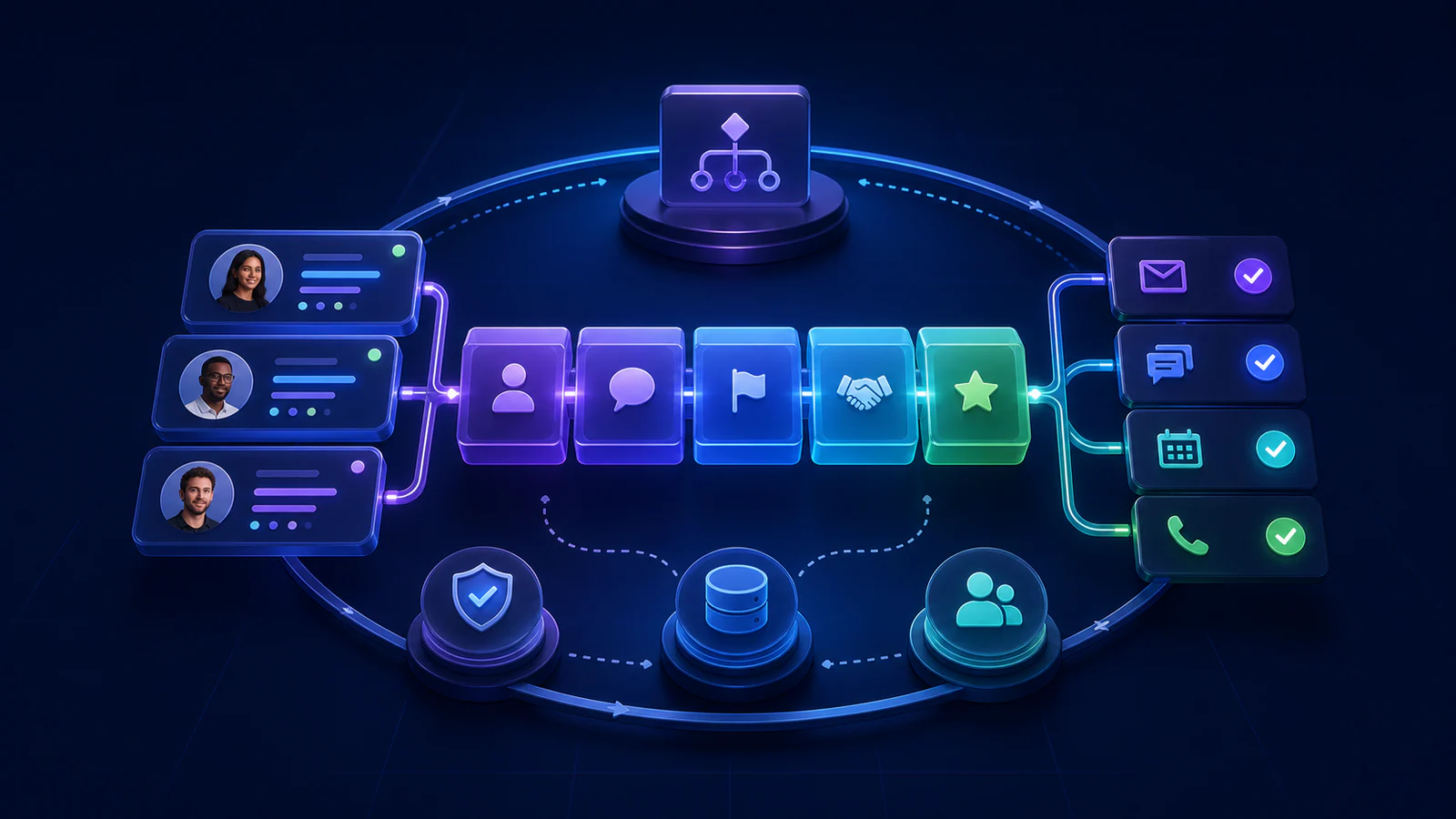 سجلات عملاء ومراحل مبيعات تربطها إجراءات CRM آلية ومنظمة